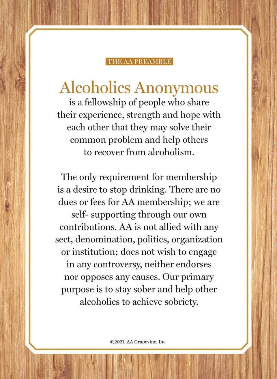 AA Preamble Card – Alcoholics Anonymous